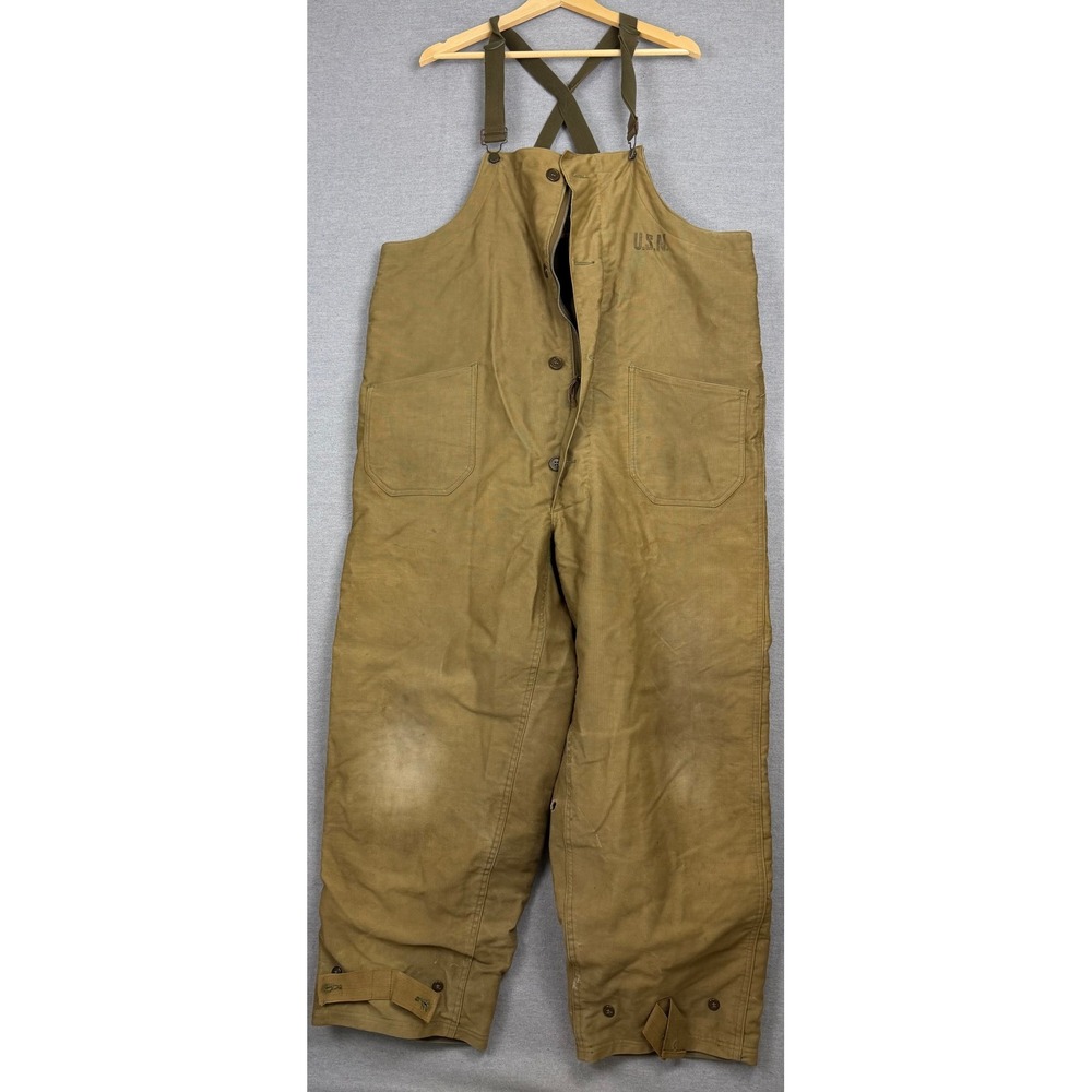 Vintage WWII US Navy Deck Overalls XL Khaki Jungle Cloth N-1 Bibs U.S.N. Stencil